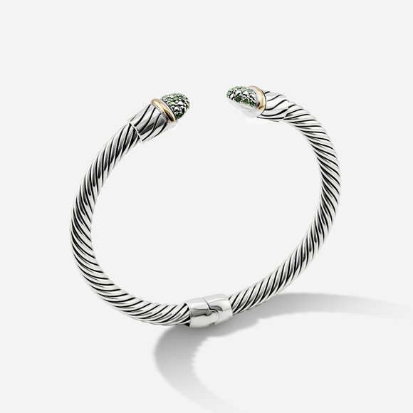 5mm Braided Silver & 18k Gold Cable Bracelet with Green Diamond and Middle Clasp - Picture 2 of 5